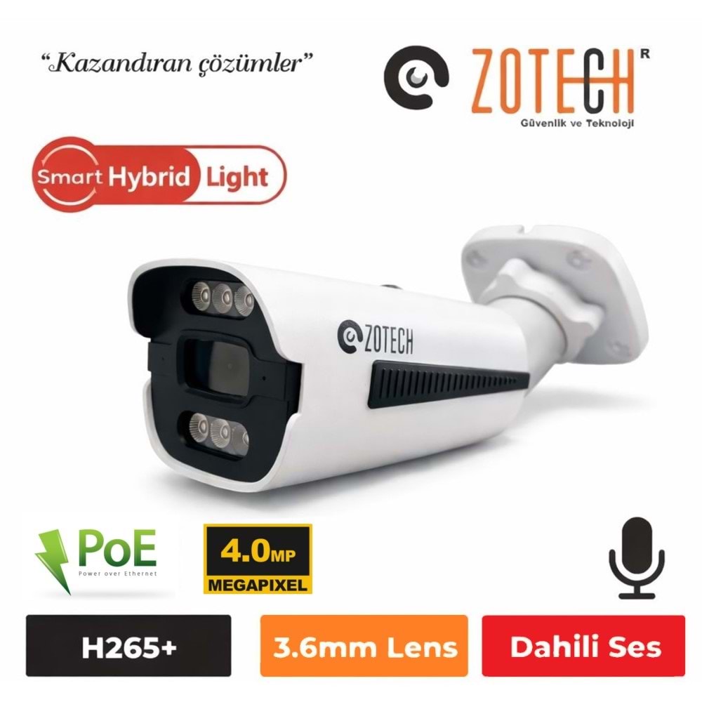 Zotech SMR-DP406IP36-P-A Poe 4MP 6 Smart Hybrid Light 3.6mm H265 IP Bullet Kamera(Sesli)