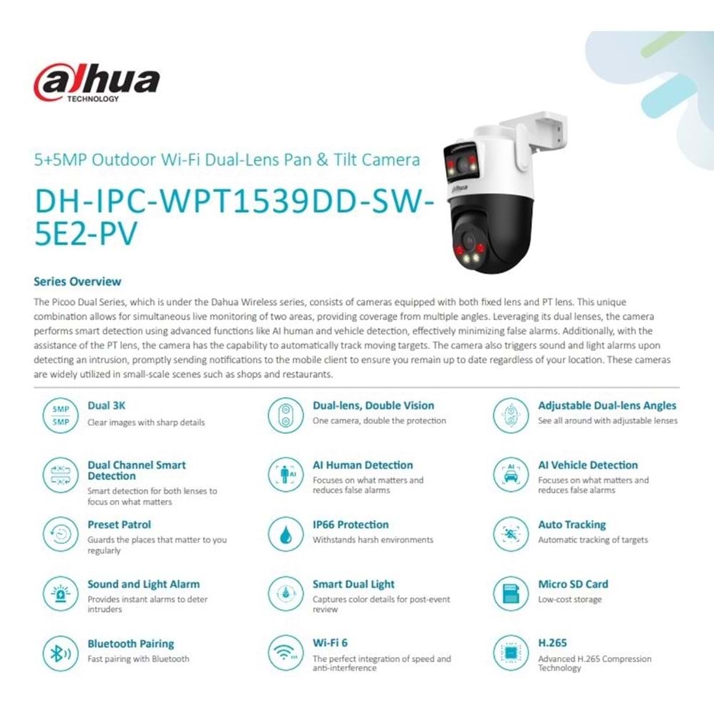 Dahua IPC-WPT1539DD-SW-5E2-P 5+5MP Outdoor Wi-Fi Dual-Lens Pan & Tilt Camera