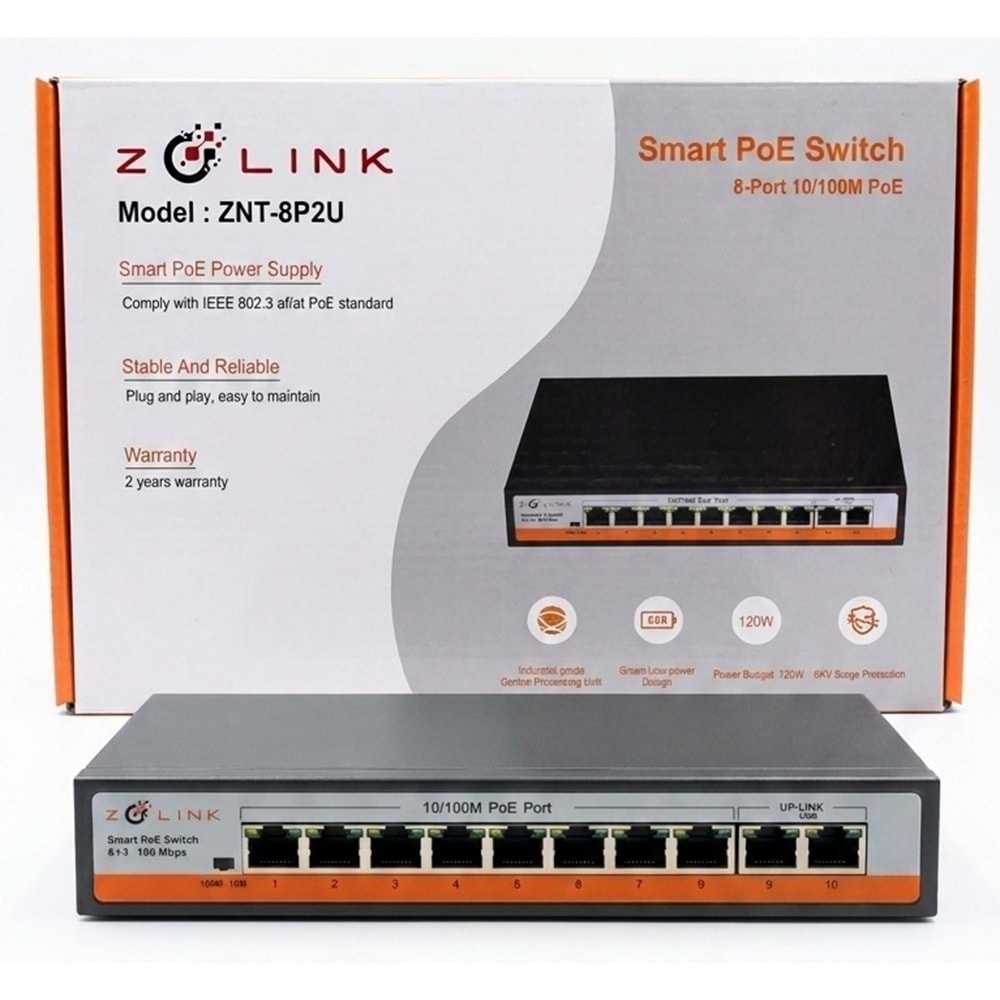 Zolink ZNT-SW-8P2U-V3 10/100 8+2 PoE Swich 2 Port Uplink 120w