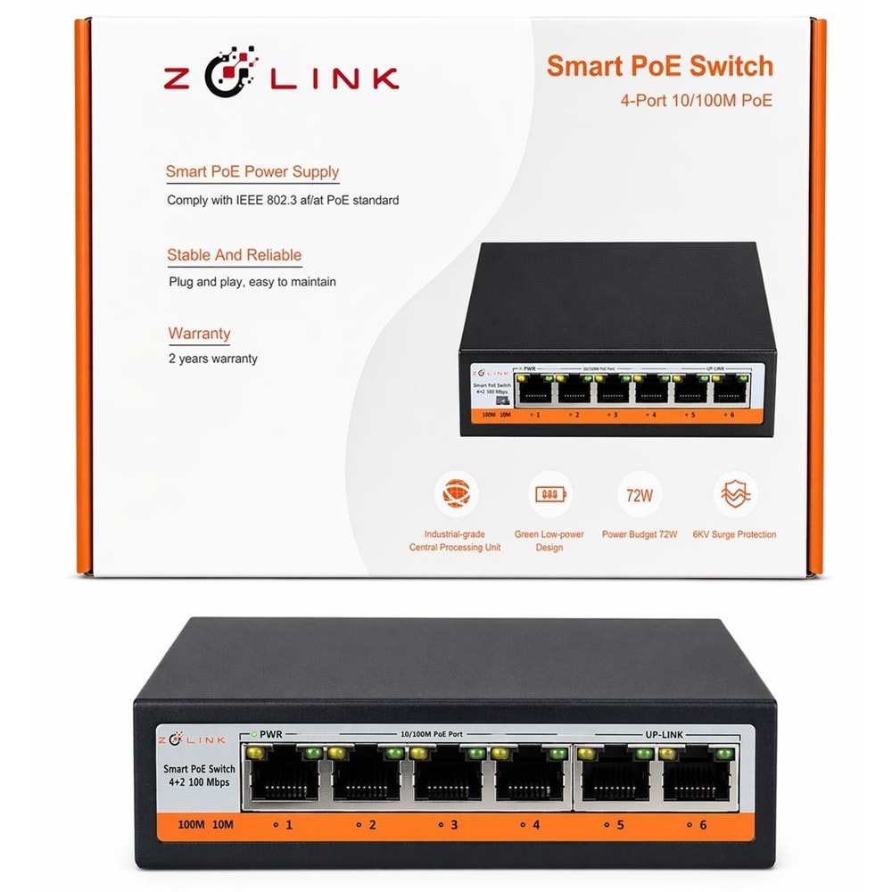 Zolink ZNT-SW-4P2U-V3 10/100 4+2 PoE Swich 2 Port Uplink 72w