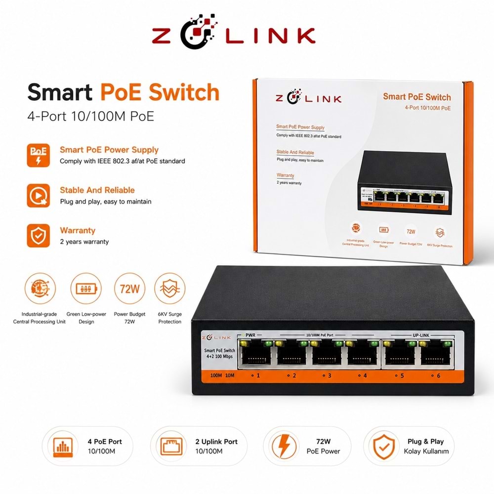 Zolink ZNT-SW-4P2U-V3 10/100 4+2 PoE Swich 2 Port Uplink 72w