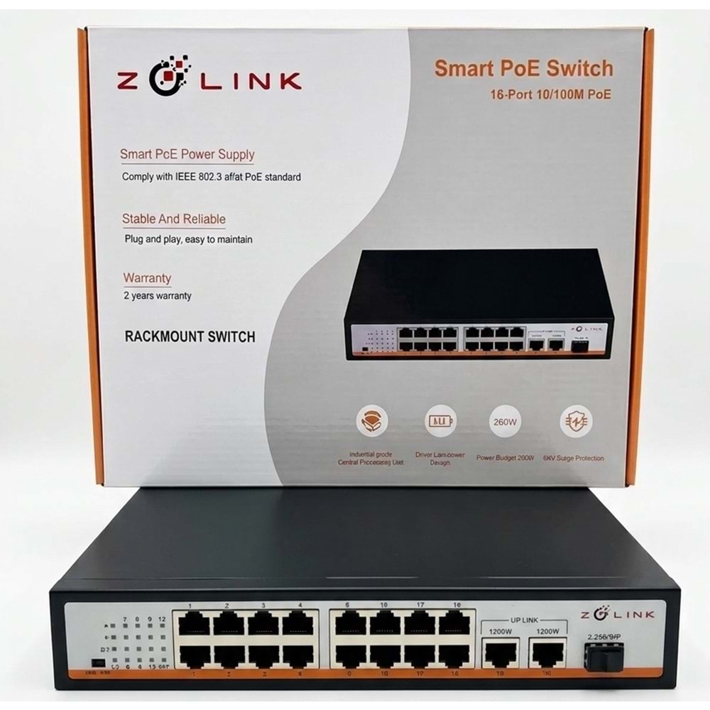 Zolink ZNT-SW-16P2UG1S -V3 10/100 16+2 Rackmount PoE Swich 2 Port 1000M Uplink 260w