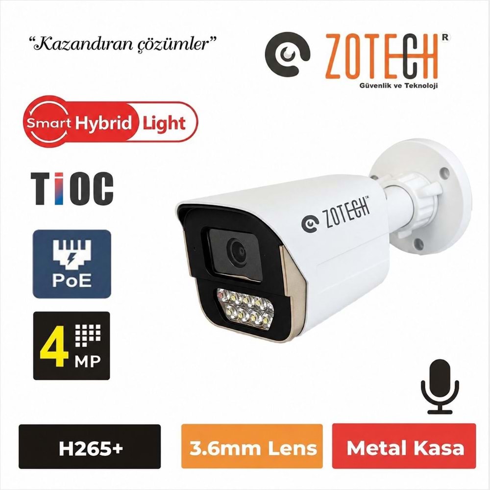 Zotech SMR-PK40936IP-P-A Poe Tioc 4MP 7 Smart Hybrid Light 3.6mm H265 IP Bullet Kamera Metal(Sesli)