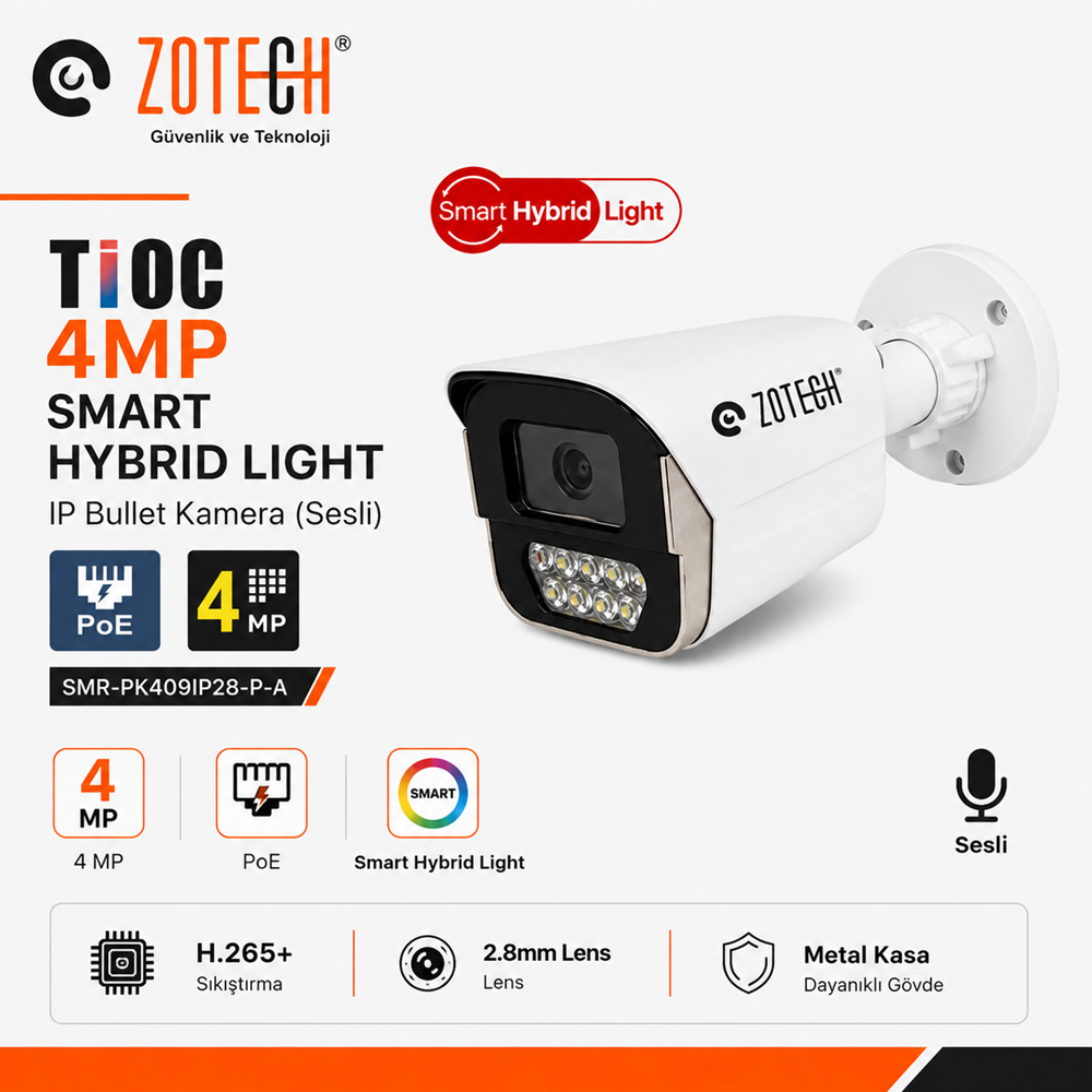 Zotech SMR-PK409IP28-P-A Poe Tioc 4MP 7 Smart Hybrid Light 2.8mm H265 IP Bullet Kamera Metal(Sesli)