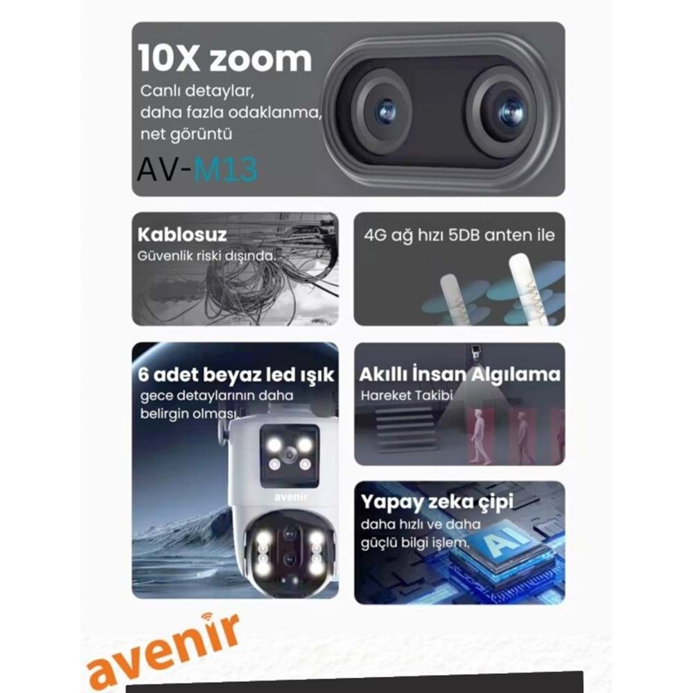 Avenir AV-M13 4MP 3 Lensli 4G Simkartlı IP PTZ Kamera