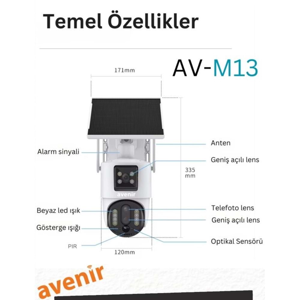 Avenir AV-M13 4MP 3 Lensli 4G Simkartlı IP PTZ Kamera