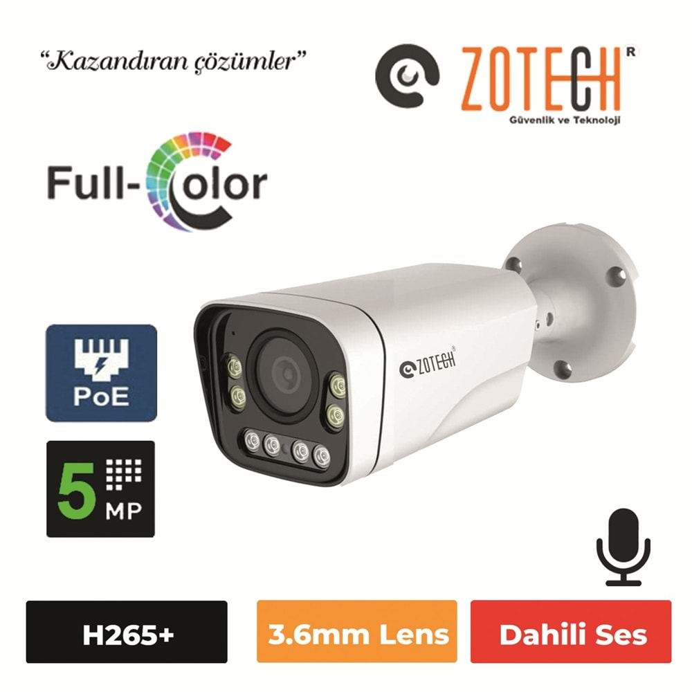 Zotech FC-MB508IP-P-A PoE 5MP 3.6mm 8 Warm Full Color H265 IP Metal Bullet Sesli (60Mt.)(S)