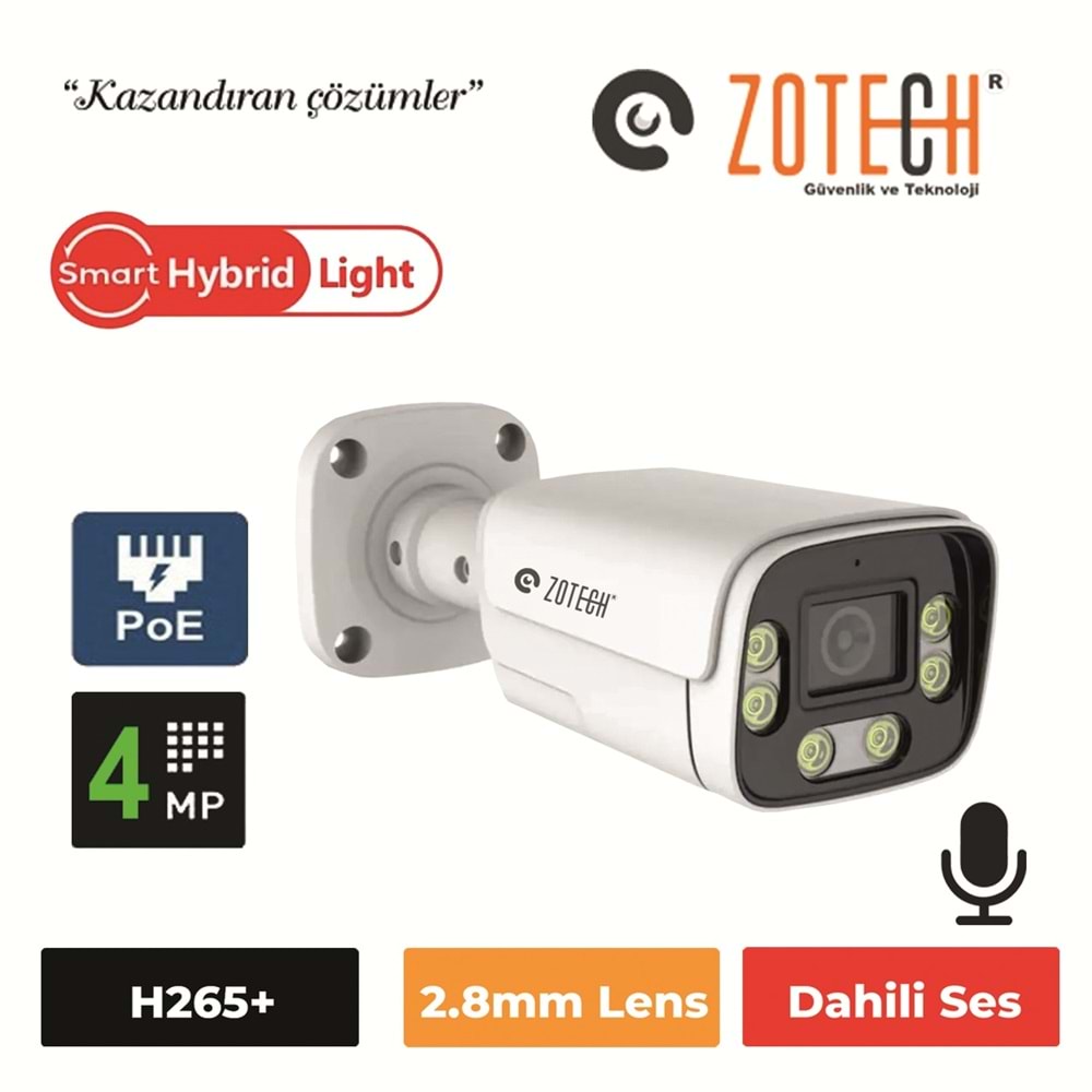 Zotech SMR-GBM406IP28-P-A Poe 4MP 6 Smart Hybrid Light 2.8mm H265 IP Bullet Kamera Metal(Sesli)