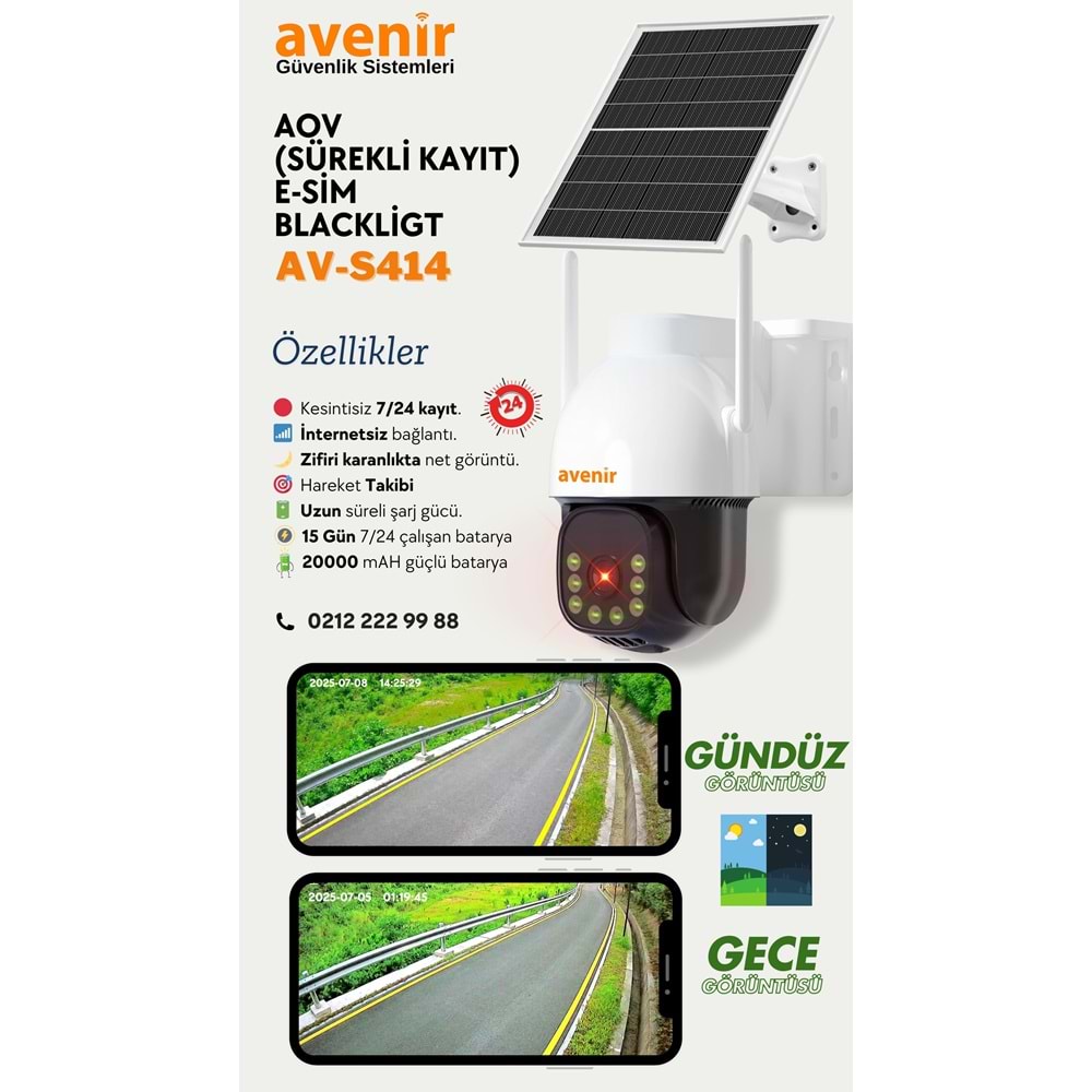 Avenir AV-S414 AOV Güneş Enerjili E-SİM Sürekli Kayıt Kamera