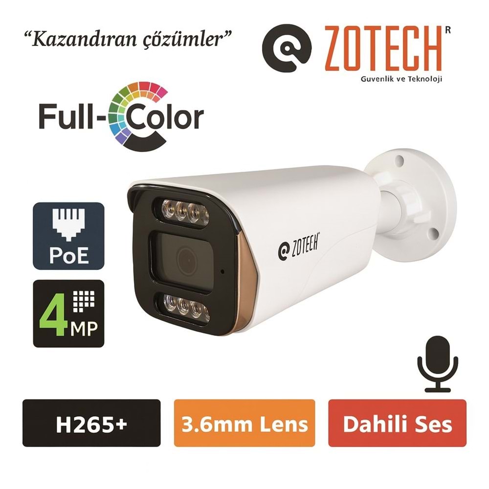 Zotech FC-DP408IP36-P-A Poe 4MP 6 Warm Full Color 3.6mm H265 IP Bullet Kamera Metal Sesli(60Mt.)