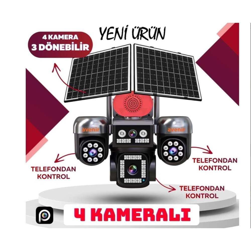 Avenir AV-S446 AOV 4 Kameralı 3 PTZ'Lİ 12MP Güneş Enerjili Akıllı Kamera