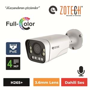 Zotech FC-MB408IP-P-A PoE 4MP 3.6mm 8 Warm Full Color H265 IP Metal Bullet Sesli(60Mt.)(S)