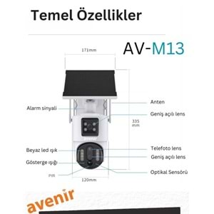 Avenir AV-M13 4MP 3 Lensli 4G Simkartlı IP PTZ Kamera
