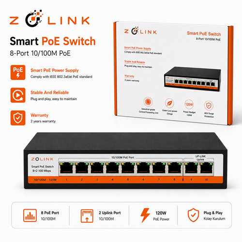 Zolink ZNT-SW-8P2U-V3 10/100 8+2 PoE Swich 2 Port Uplink 120w