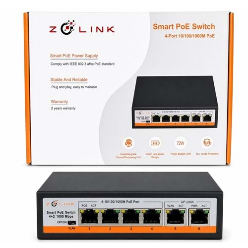 Zolink ZNT-SW-4PG2UG-V3 100/1000 4+2 PoE Swich 2 Port Uplink 72w
