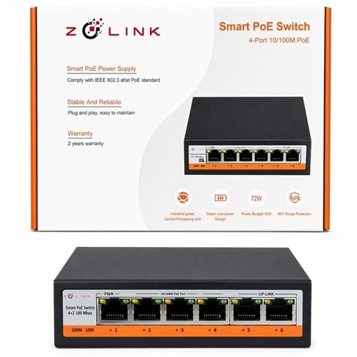 Zolink ZNT-SW-4P2U-V3 10/100 4+2 PoE Swich 2 Port Uplink 72w