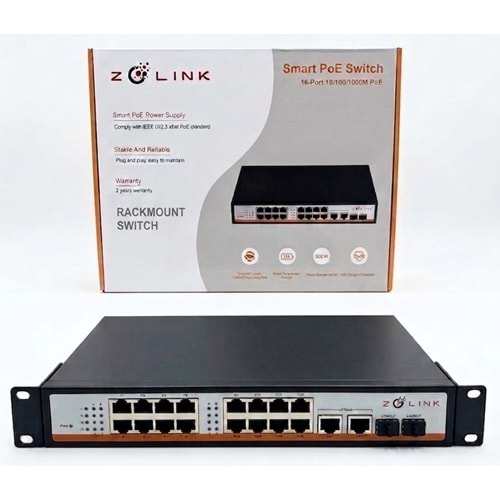 Zolink ZNT-SW-16PG2UG2S -V3 100/1000 16+2+2 Rackmount PoE Swich 2 Port Uplink 1000M 300w