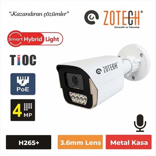 Zotech SMR-PK409IP-P-A Poe Tioc 4MP 7 Smart Hybrid Light 3.6mm H265 IP Bullet Kamera Metal(Sesli)