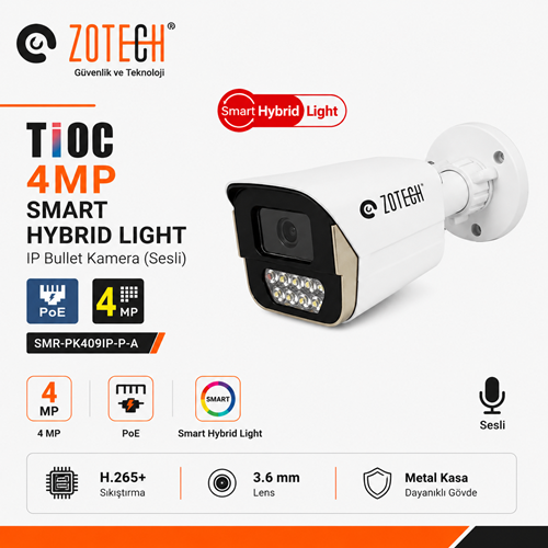 Zotech SMR-PK409IP36-P-A Poe Tioc 4MP 7 Smart Hybrid Light 3.6mm H265 IP Bullet Kamera Metal(Sesli)