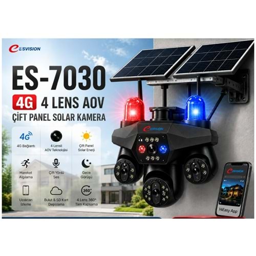 Esvision ES-7030 4G Solar Kamera AOV 4 Lens Çift Panel Çakarlı