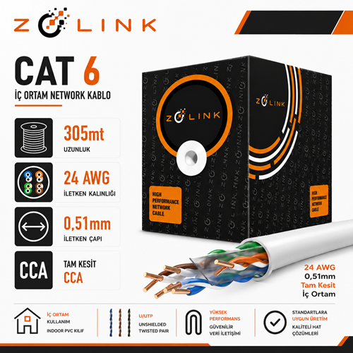 Zolink ZCT-I305 CAT6 24Awg 0,51mm İç Ortam (İndoor) 305Mt.