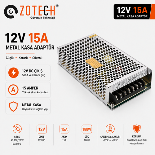 Zotech ZT-AD12V15A 12Volt 15Amper Metal Kasa Adaptör(K)
