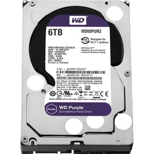 WD Purple 6TB 3.5 Sata 64MB WD63PURZ 7/24 Güvenlik Harddiski (3 Yıl Distribütör Garantili)