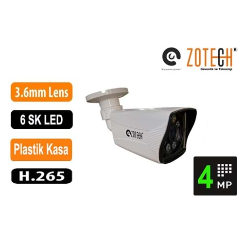 Zotech ZT-S406IP 4MP 3.6mm 6Sk Led H265 Plastik Bullet Ip (45mt)(S)