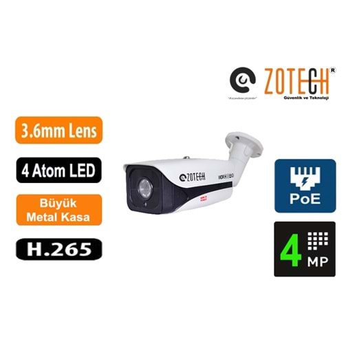 Zotech ZT-DH404IP-P PoE 4MP 3.6mm 4 King Led H265 IP Kamera(80mt)(S)