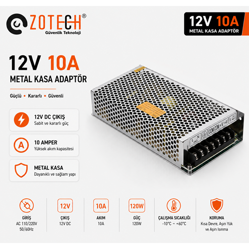 Zotech ZT-AD12V10A 12Volt 10Amper Metal Kasa Adaptör(K)