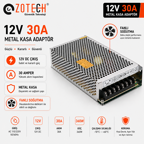 Zotech ZT-AD12V30A 12Volt 30Amper Fanlı Metal Kasa Adaptör(K)