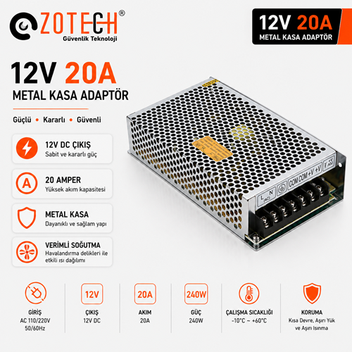 Zotech ZT-AD12V20A 12Volt 20Amper Metal Kasa Adaptör(K)