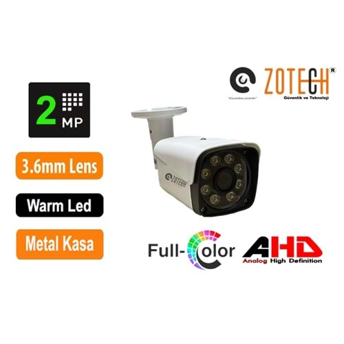 Zotech FC-M208HD36 Full Color 8 WarmLed 2MP 3.6mm Metal Ahd Kamera(40Mt.)(S)