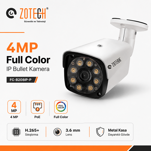 Zotech FC-B208IP-P PoE 4MP 3.6mm 8 Warm Full Color H265 IP Metal Bullet(40Mt.)
