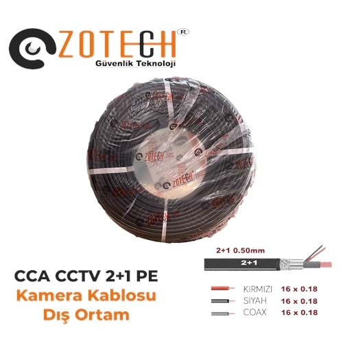 Zotech 2105100 2+1 (PE) Dış Ortam CCA CCTV Kablo 0,50mm 100Metre (16x0,18)
