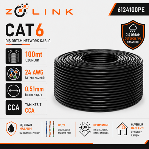 Zotech Zolink 6124100PE 24Awg (PE)Siyah Dış Ortam Cat6 Kablo 0,51mm U-UTP(100Mt)