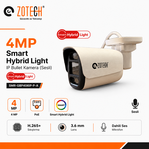 Zotech SMR-GBP406IP36-P-A Poe 4MP 6 Smart Hybrid Light 3.6mm H265 IP Bullet Kamera(Sesli)
