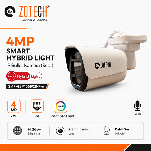 Zotech SMR-GBP406IP28-P-A Poe 4MP 6 Smart Hybrid Light 2.8mm H265 IP Bullet Kamera(Sesli)