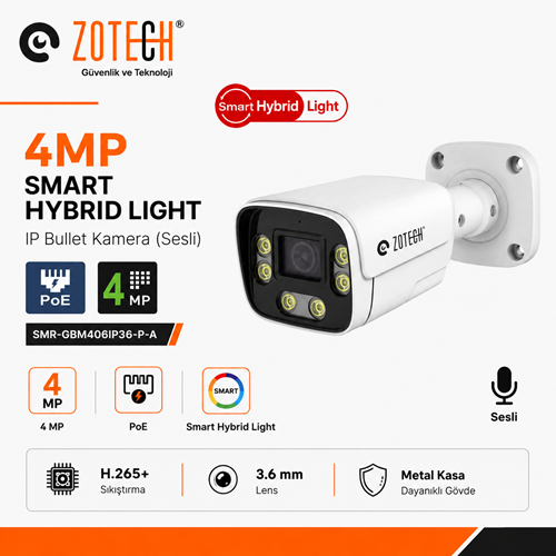 Zotech SMR-GBM406IP36-P-A Poe 4MP 6 Smart Hybrid Light 3.6mm H265 IP Bullet Kamera Metal(Sesli)