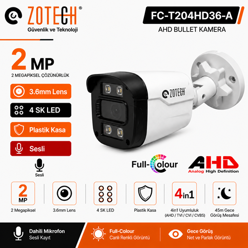 Zotech FC-T204HD36-A Full Color 2MP 3.6mm 4in1 Kamera (Sesli)(45Mt)