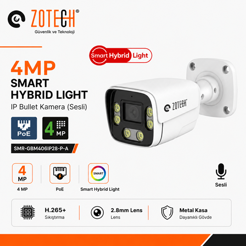 Zotech SMR-GBM406IP28-P-A Poe 4MP 6 Smart Hybrid Light 2.8mm H265 IP Bullet Kamera Metal(Sesli)