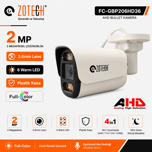 Zotech FC-GBP206HD36 2MP 6 WarmLed 3.6mm Plastik 4in1 Kamera (45Mt)