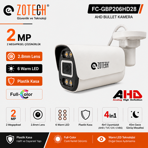 Zotech FC-GBP206HD28 2MP 6 WarmLed 2.8mm Plastik 4in1 Kamera (45Mt)