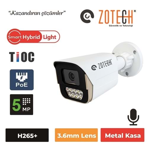 Zotech SMR-PK509IP-P-A Poe Tioc 5MP 7 Smart Hybrid Light 3.6mm H265 IP Bullet Kamera Metal(Sesli)