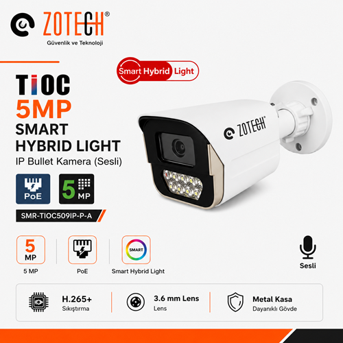 Zotech SMR-PK509IP-P-A Poe Tioc 5MP 7 Smart Hybrid Light 3.6mm H265 IP Bullet Kamera Metal(Sesli)