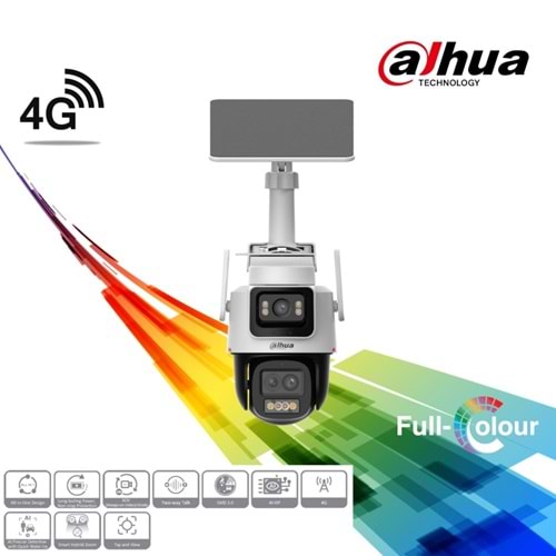Dahua IPC-PTS2649C-3E3Z-4GB20, 2X 3Mpix, 2,8 Lens+3,6 Lens, WizColor, 50Mt Gece Görüşü, IP66, Hybrid-zoom PT 4G Solar Ip Kamera