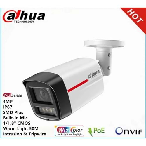 Dhua IPC-HFW2449TL-S-PRO 4Mpix WizColor 2,8mm Lens H265+ 50Mt Gece Görüşü IP67 Dahili Mikrofon PoE Bullet IP Kamera
