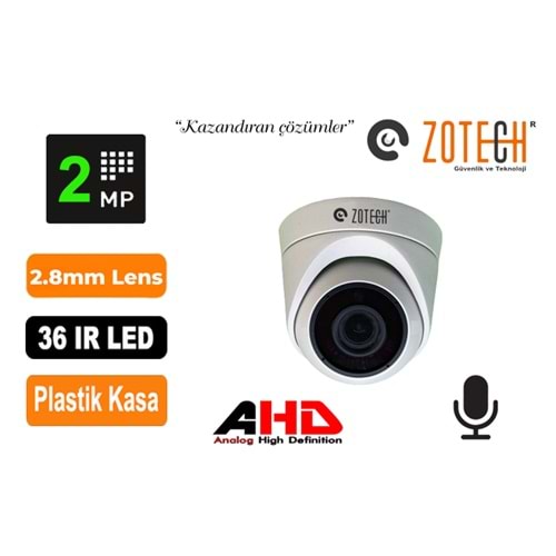 Zotech ZT-D236HD-A 36 Ir Led 2MP 3.6mm Ahd Sesli Dome Kamera(30Mt)(Y)