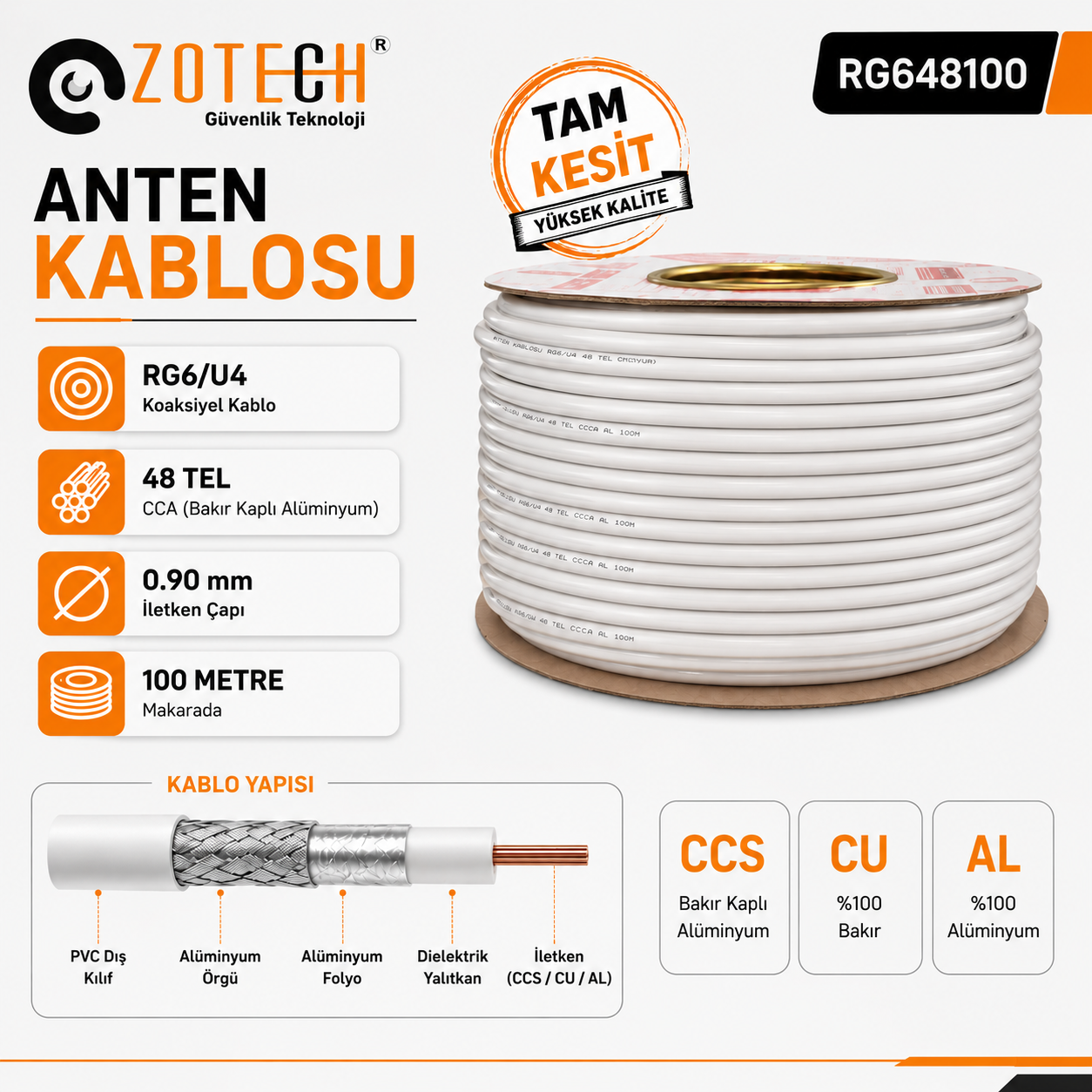 Zotech RG648100 48 TEL Uydu Anten Kablosu RG6/U4 0.90 100Metre (CCS/CU/AL)