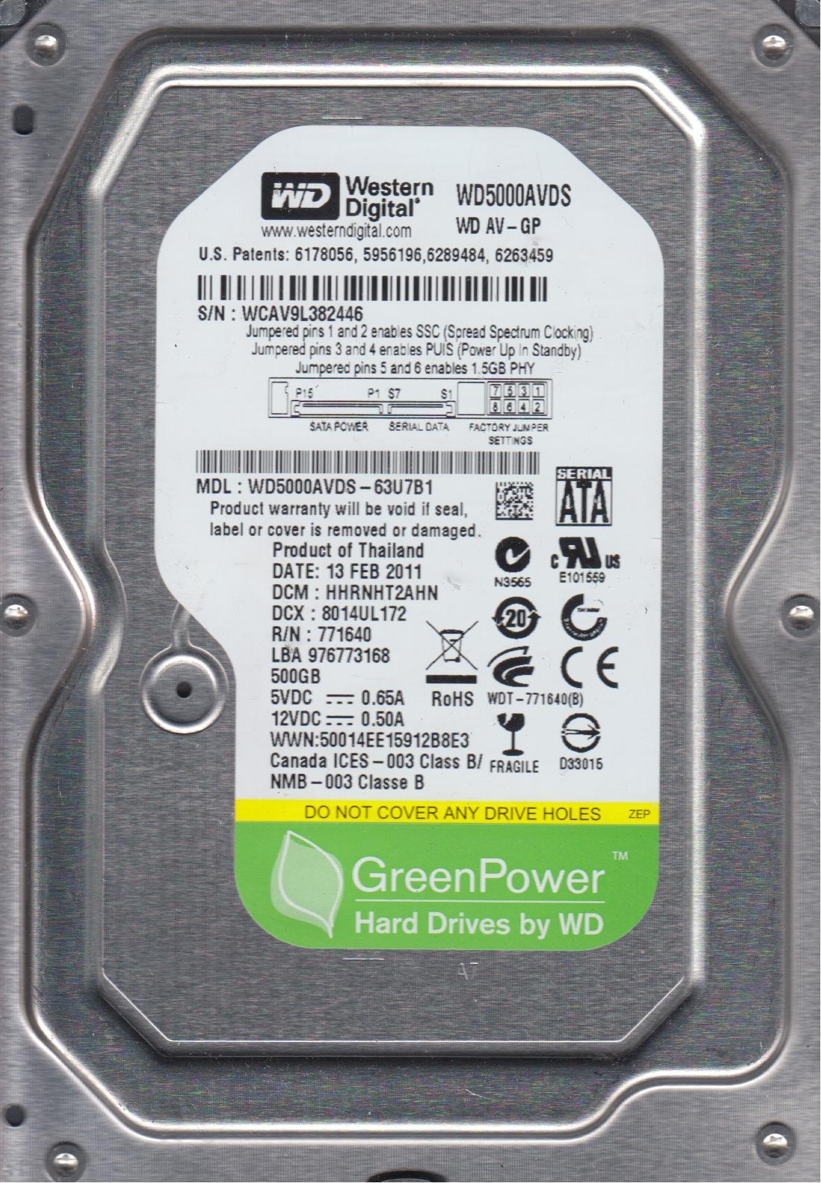 WD 500GB 3.5 Inc 5900RPM Sata2 WD5000AVDS